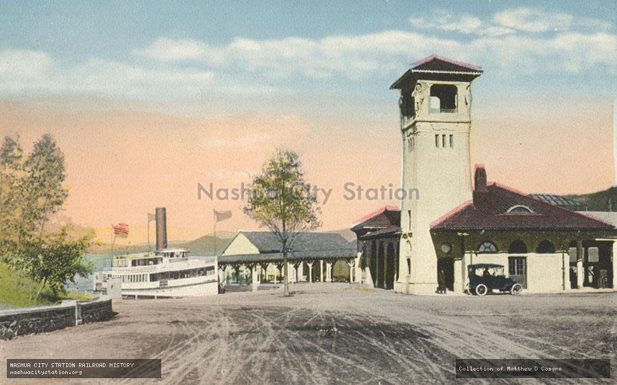 Postcard: Railway Station and Steamboat Landing, Lake George, New York